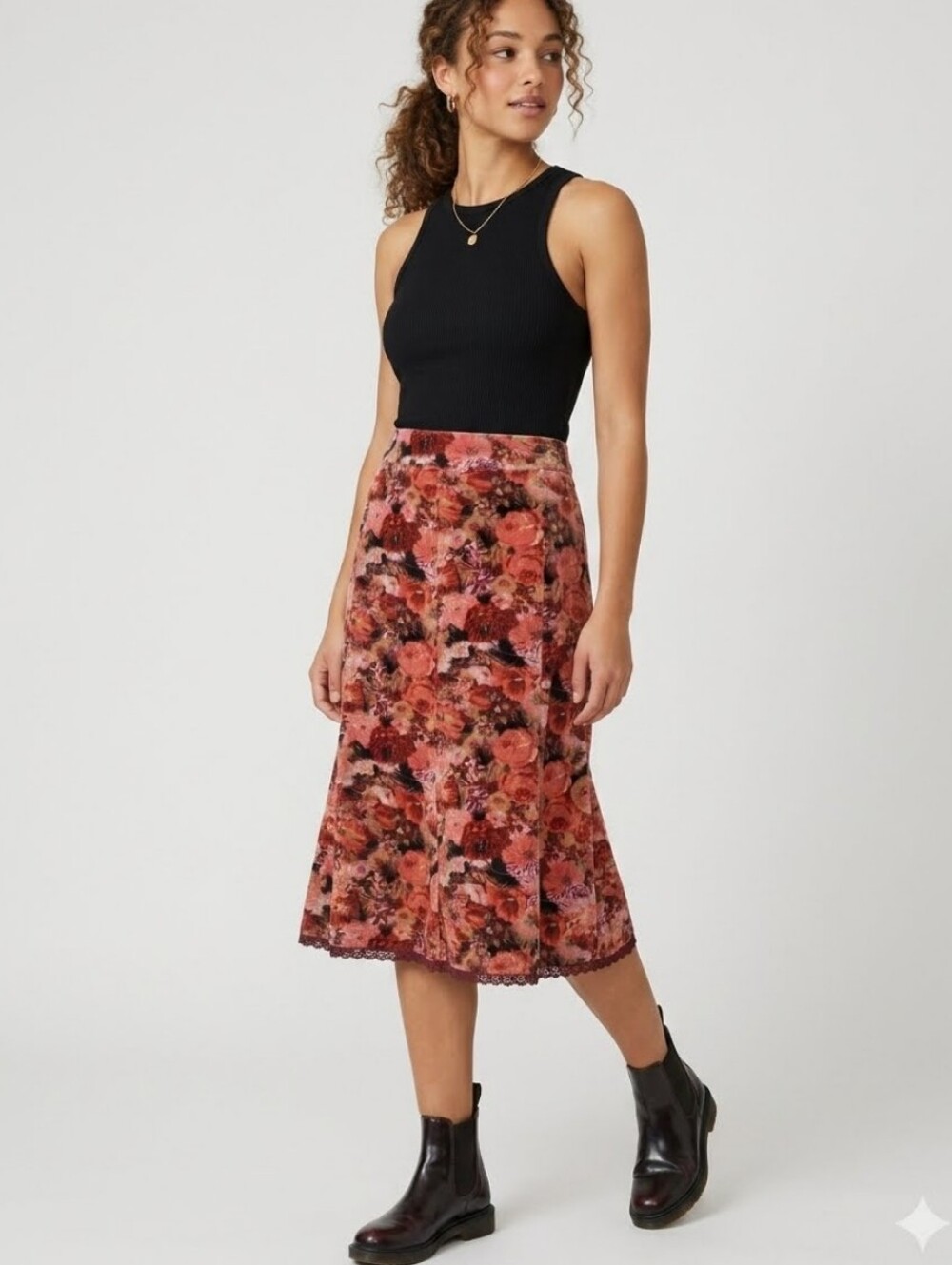 Vintage Togo Floral Velvet A-Line Midi Skirt, Size 12